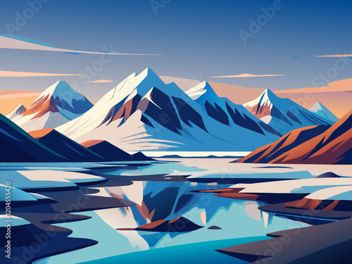 A frozen tundra landscape in Alaska with glaciers and snowy mountain peaks.