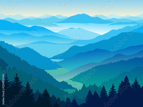 A misty view of the Great Smoky Mountains with layers of blue and green ridges.