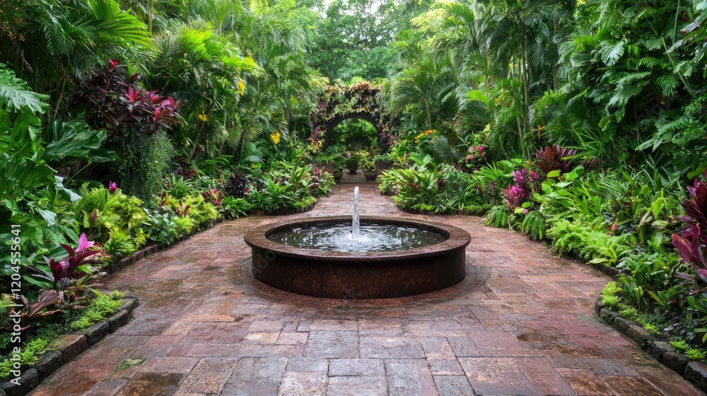 Tropical garden fountain, lush greenery, stone path, tranquil scene, travel brochure Tropical garden fountain, lush greenery, stone path, tranquil scene, travel brochure