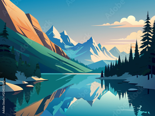 A serene lake in the Rocky Mountains, surrounded by snow-capped peaks and evergreen trees.