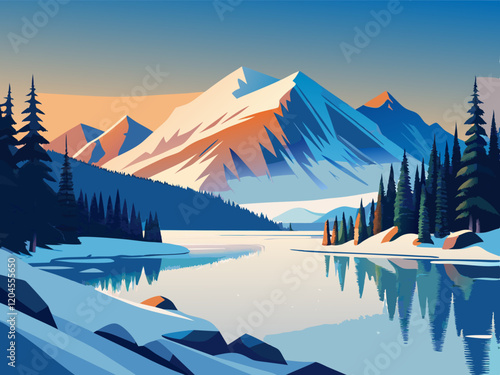A snowy mountain scene in the Sierra Nevadas with a frozen lake in the foreground.