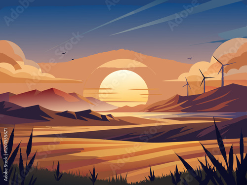 A sunrise over the Great Plains, with golden grasslands and distant wind turbines.