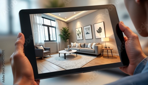Person views interior design on tablet. Augmented reality tech shows virtual decor. AR home decor app displays living room. 3d design software. Interior designer uses tech for client. Modern living