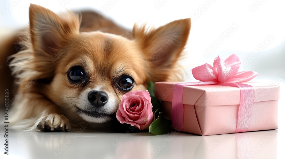 Adorable Chihuahua with Pink Rose and Gift Box A Sweet and Lovely Pet Photography Adorable Chihuahua with Pink Rose and Gift Box A Sweet and Lovely Pet Photography