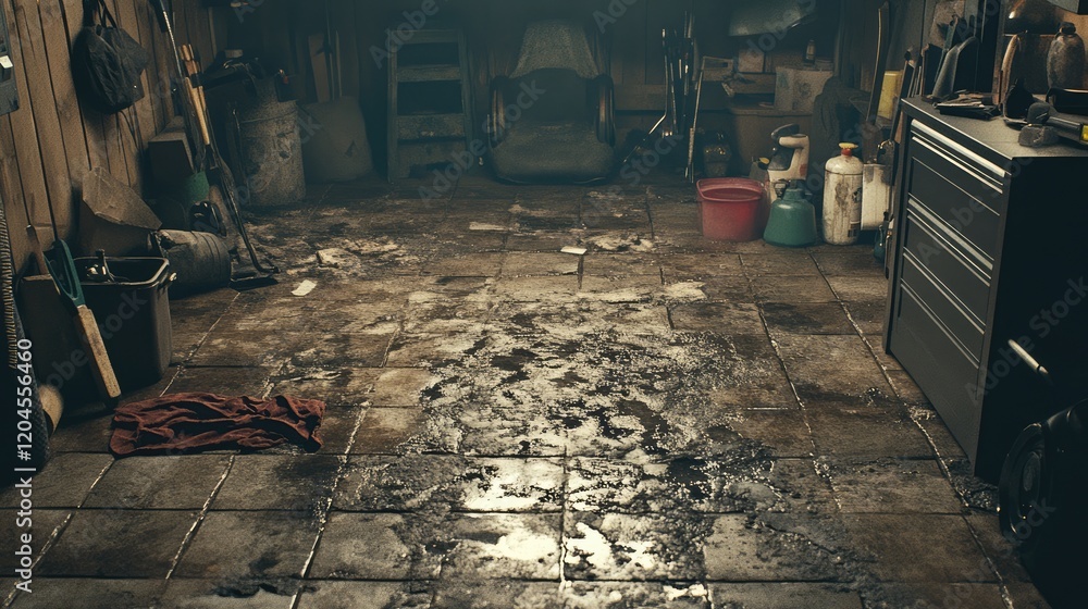 Obraz premium A dusty garage with a cracked tile floor, oil-stained rags, and tools scattered across the space