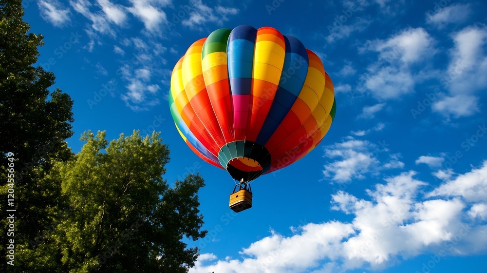 Fototapeta premium Vibrant Hot Air Balloon Ascending in a Summer Sky A Colorful Flight Against a Blue Canvas of Clouds and Trees