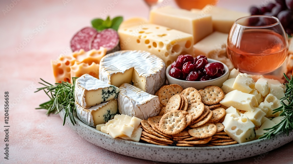 Gourmet Cheese Board with Wine and Crackers: A delectable spread of various cheeses, crackers, and cranberry sauce, perfect for a sophisticated gathering. Gourmet Cheese Board with Wine and Crackers: A delectable spread of various cheeses, crackers, and cranberry sauce, perfect for a sophisticated gathering.