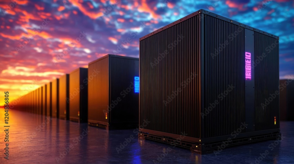 Obraz premium Sunset over server farm; data center computing; cloud storage; digital infrastructure