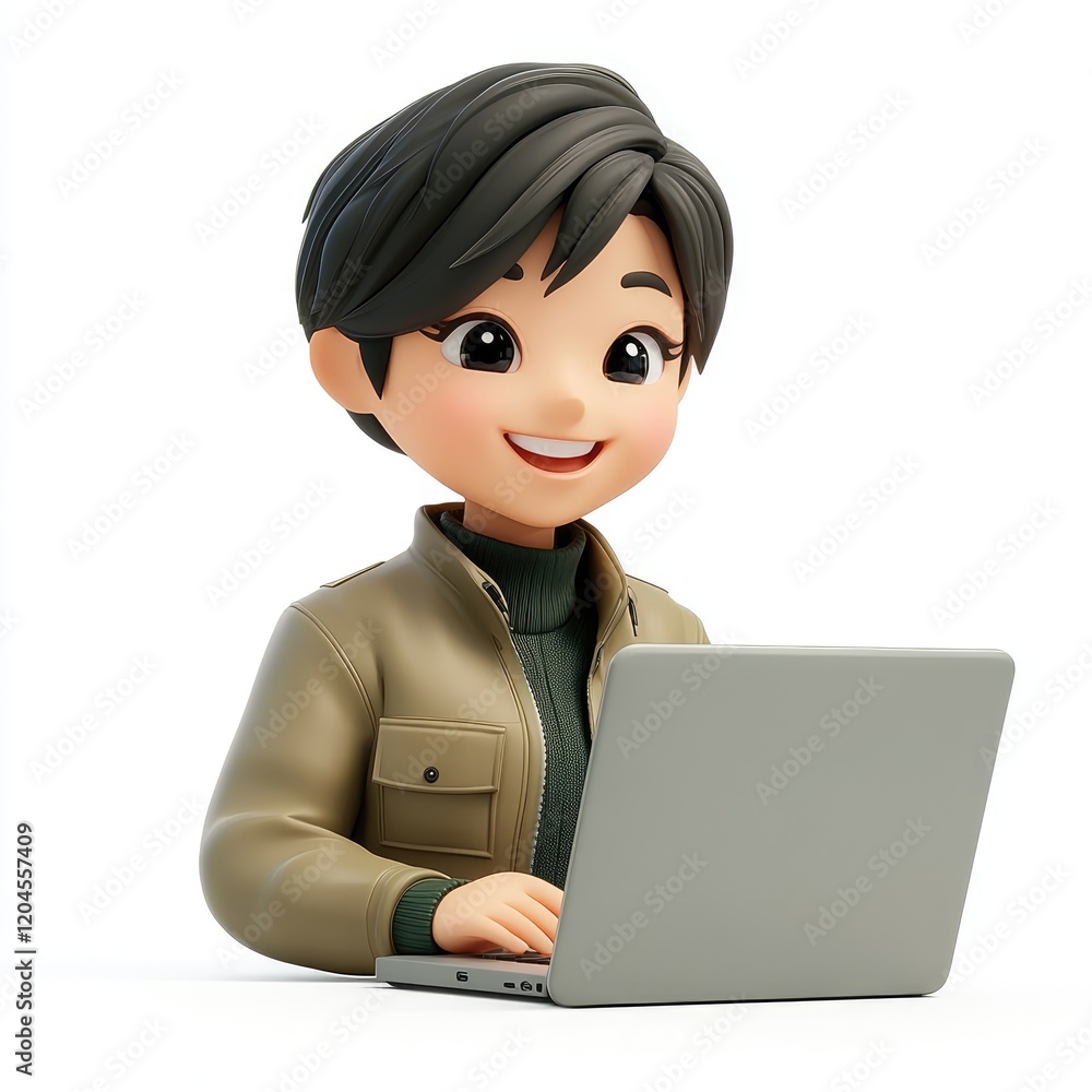 3D memoji of young woman with pixie cut typing on laptop against white background 3D memoji of young woman with pixie cut typing on laptop against white background