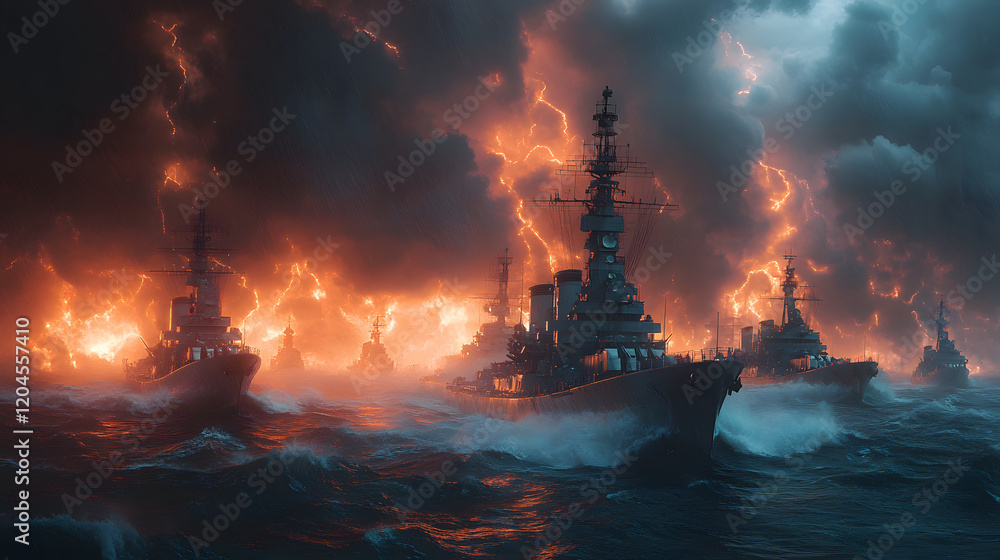 A group of ships are in the ocean, with one of them being a battleship. The scene is dark and stormy, with the ships being battered by the waves. Scene is intense and dramatic A group of ships are in the ocean, with one of them being a battleship. The scene is dark and stormy, with the ships being battered by the waves. Scene is intense and dramatic