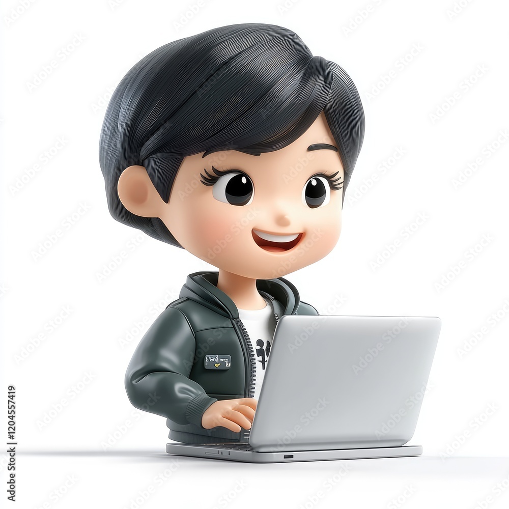 Young Asian woman with a pixie cut enjoying typing on a laptop in a casual bomber jacket Young Asian woman with a pixie cut enjoying typing on a laptop in a casual bomber jacket