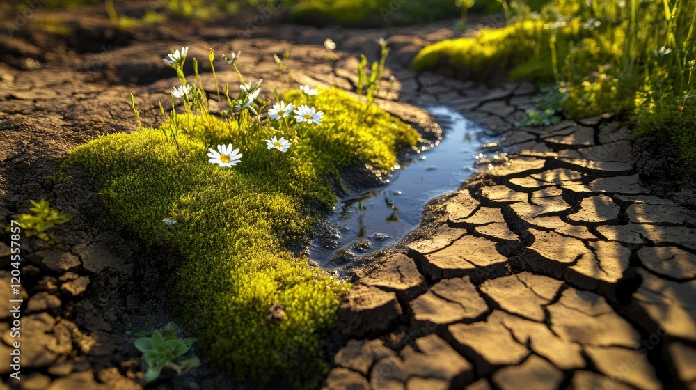 Naklejka premium Resilience: Daisies Blooming in Drought-Stricken Land