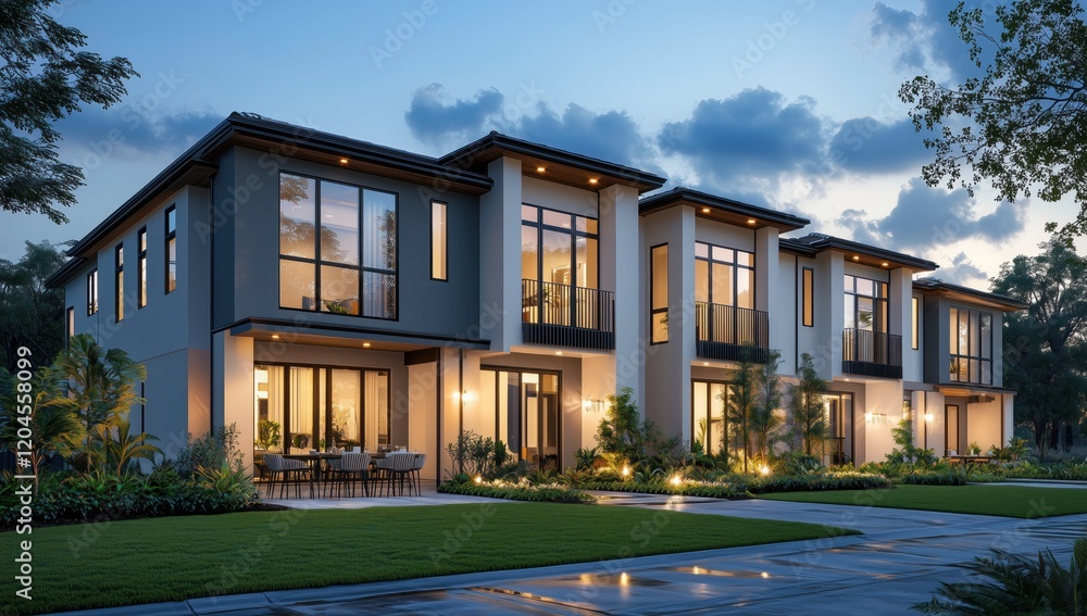 A modern two-story house with large windows, night lighting, lawn, and dining area, in a 3D rendering with high resolution and hyper-realistic detail. A modern two-story house with large windows, night lighting, lawn, and dining area, in a 3D rendering with high resolution and hyper-realistic detail.