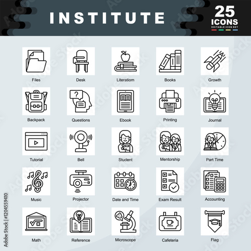 Institute icon collection set. Containing Student, Tutorial, Journal,Books, Accounting, Microscope, Projector,Desk icon. Simple line vector