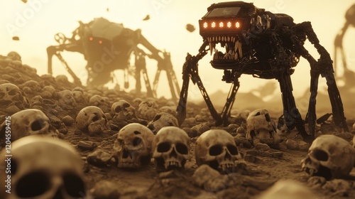 In a bleak future, military mechs march over a battlefield strewn with human remains, symbolizing an apocalyptic era photo