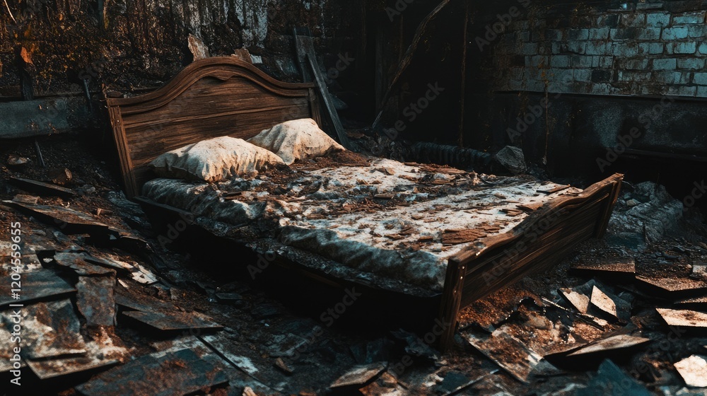 A shattered wooden bed frame on a rooftop, surrounded by broken tiles and debris A shattered wooden bed frame on a rooftop, surrounded by broken tiles and debris