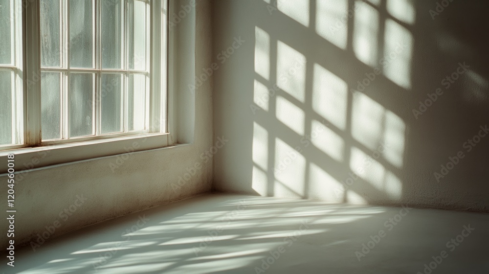 Fototapeta premium Soft shadows form geometric patterns through a window, casting a serene ambiance in a sunlit corner.