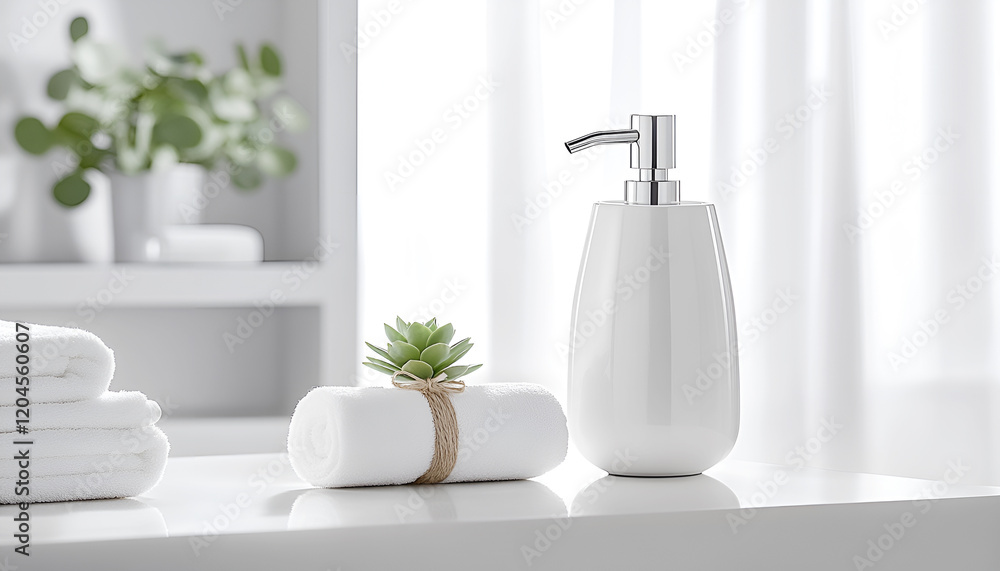 Fototapeta premium Ceramic soap, towel, copy space on blurred white spa background
