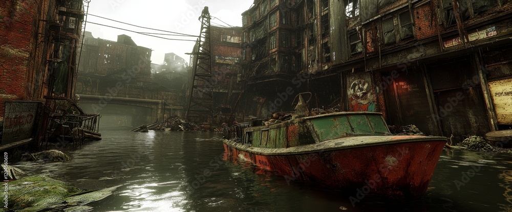 Obraz premium The post-apocalyptic world's desolate urban scene. Charred ruins, smoldering piles of debris, and a polluted environment. The stark remains of society's downfall