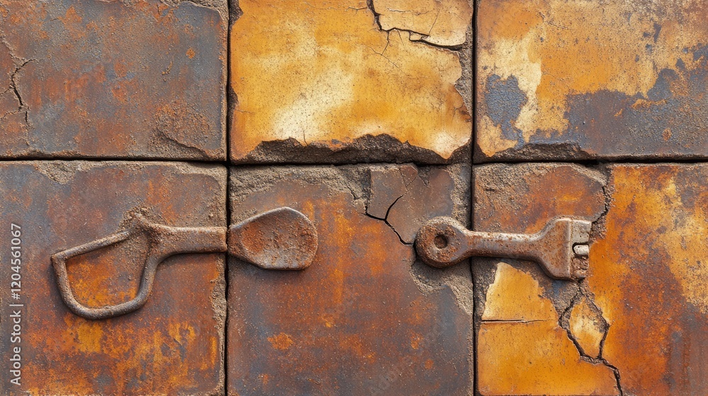 Close-up of damaged garage tiles with deep cracks, dirt-filled gaps, and rusted tools Close-up of damaged garage tiles with deep cracks, dirt-filled gaps, and rusted tools