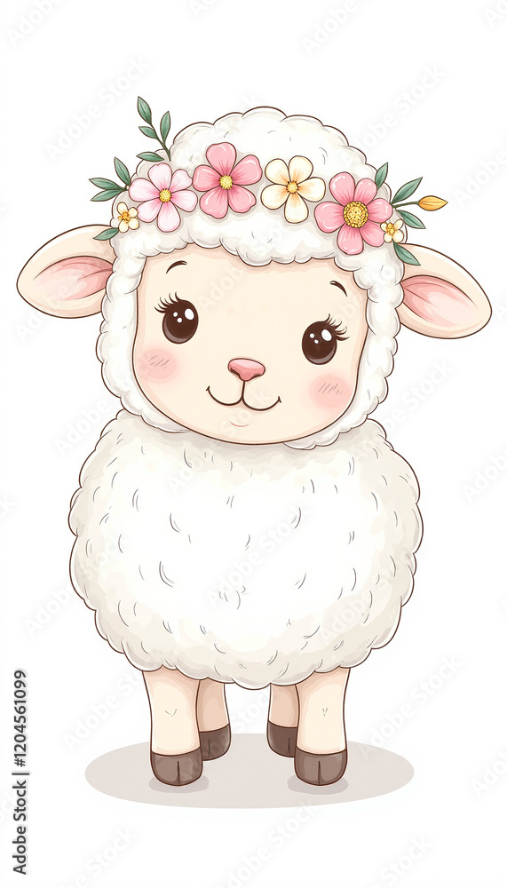Fototapeta premium Cute fluffy sheep wearing flower crown, whimsical charm