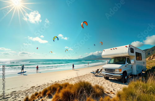 Sunny beach scene shows people kitesurfing. Many colorful kites soar in clear sky above ocean. Surfers ride waves. Camper van sits on shore. Adventure travel activity on sandy beach. Relaxing