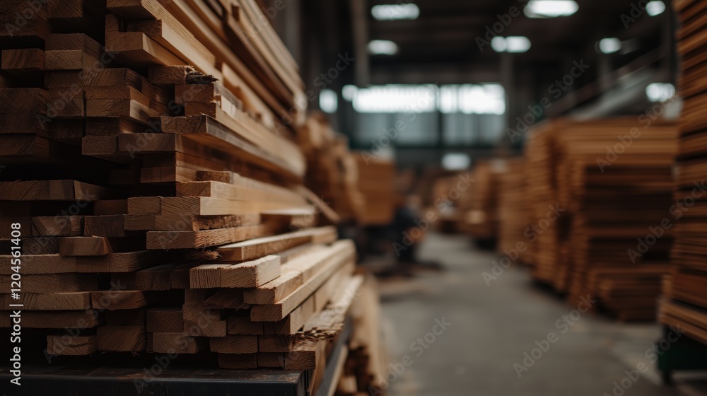 Obraz premium A pile of wood is stacked in a warehouse. The wood is brown and he is freshly cut. The warehouse is dimly lit, giving the scene a somber and industrial feel