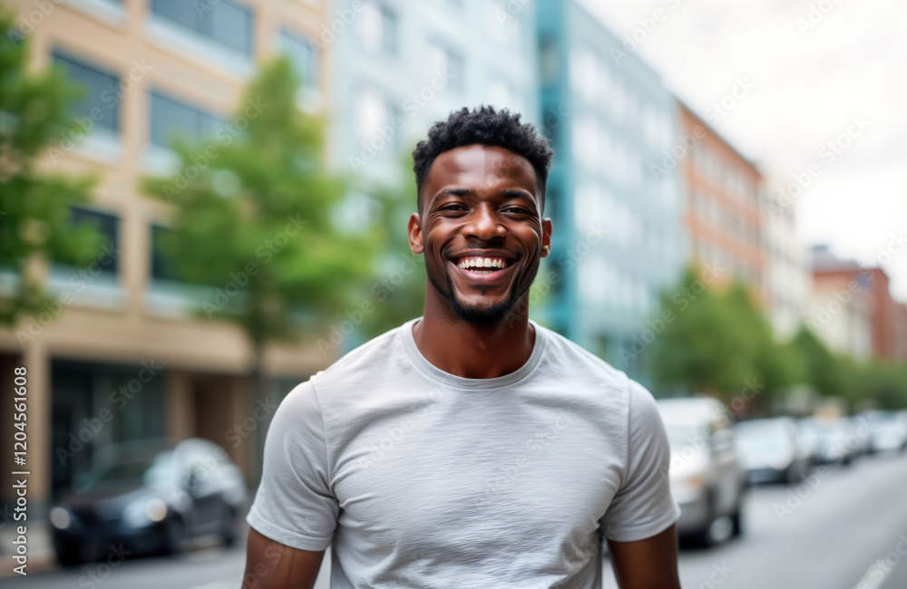 Happy African American man smiles at camera outdoors on city street. Man wearing casual attire. Urban setting background with buildings, cars. Positive emotion, freedom, happiness concepts. Lifestyle Happy African American man smiles at camera outdoors on city street. Man wearing casual attire. Urban setting background with buildings, cars. Positive emotion, freedom, happiness concepts. Lifestyle