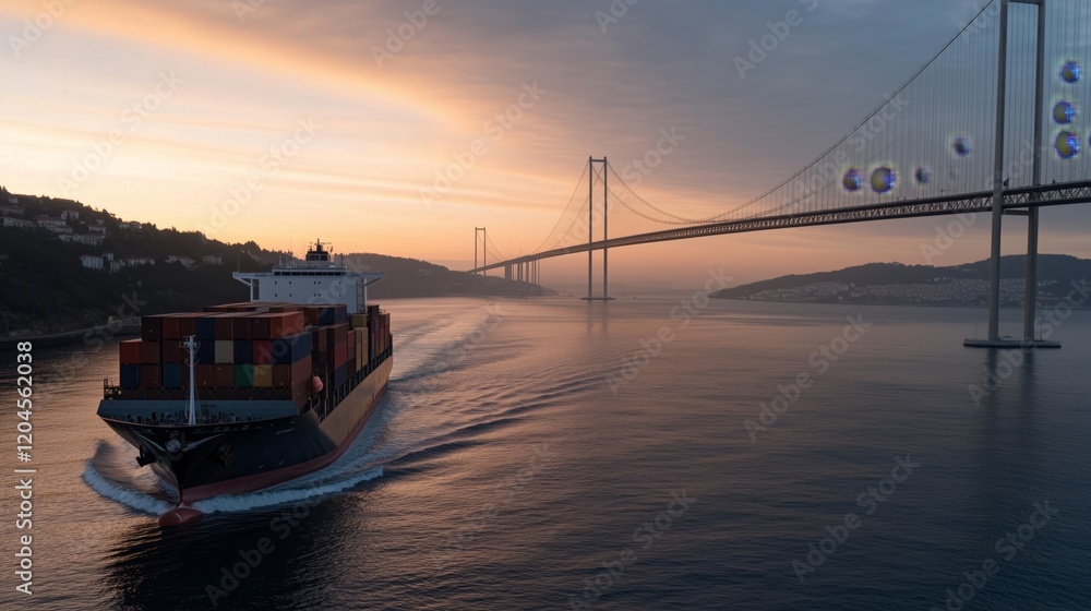 Fototapeta premium A large cargo ship is traveling through a body of water with a bridge in the background. The scene is serene and peaceful, with the ship moving steadily through the water