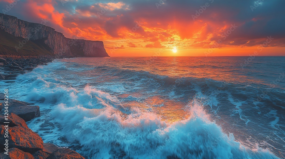 Fototapeta premium Fiery Sunset over Dramatic Coastal Cliffs and Crashing Waves