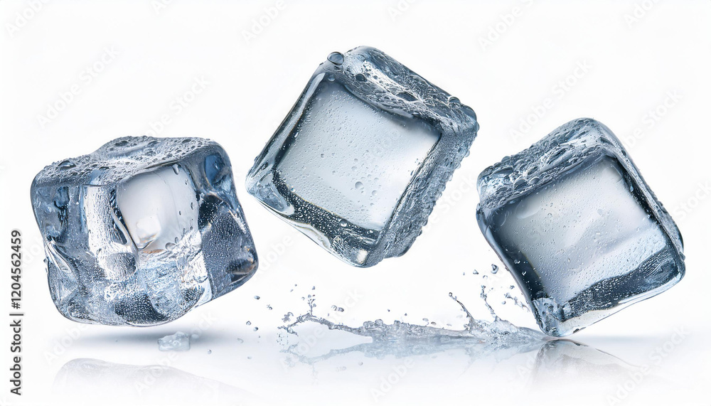 Obraz premium three flying ice cubes falling isolated on white background clipping path