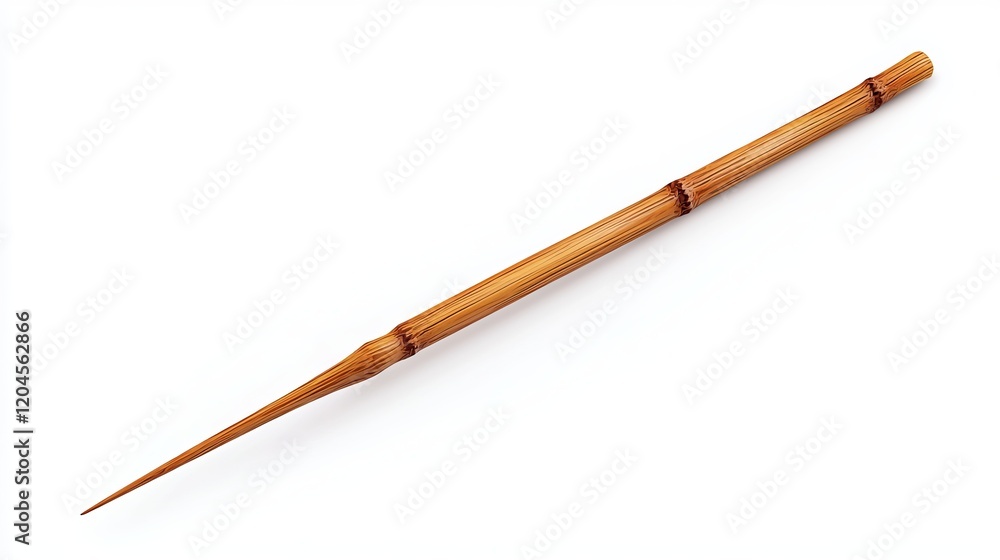 Realistic vector depiction of a wooden skewer with a pointed end, also referred to as a bamboo toothpick, chopstick, or food stick, shown on a white background Realistic vector depiction of a wooden skewer with a pointed end, also referred to as a bamboo toothpick, chopstick, or food stick, shown on a white background
