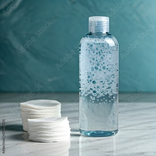 A bottle of micellar water placed next to a stack of cotton pads, arranged neatly on a clean surface, symbolizing skincare and cleansing routines.

