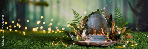 Enchanting Fairy Garden Scene with Lights Moss Animals and Plants photo