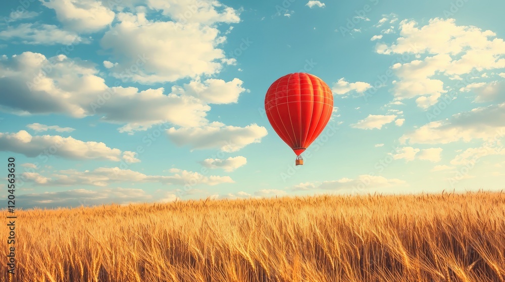 Obraz premium Red hot air balloon floating over the golden wheat field