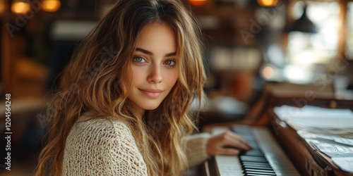 A young woman with long hair playing the piano in a warmly lit room, showcasing a serene expression and an intimate connection with the musical instrument