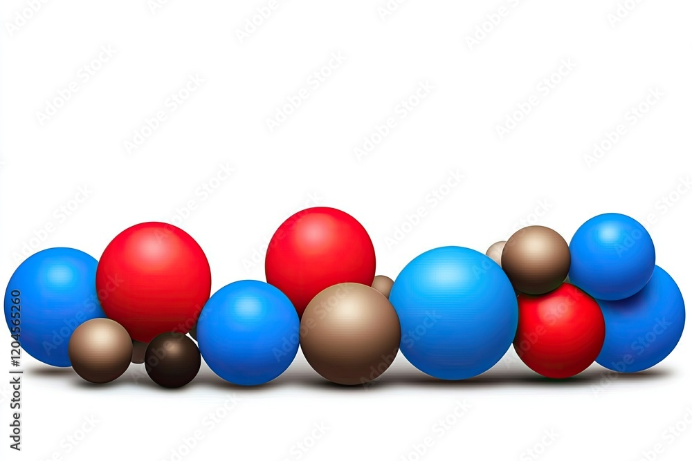 Colorful arrangement of spherical shapes in red, blue, and brown on a white background Colorful arrangement of spherical shapes in red, blue, and brown on a white background