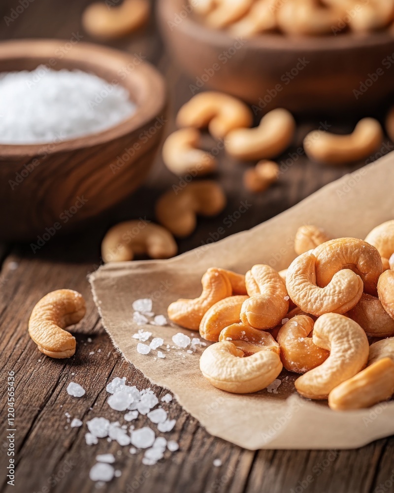 Fototapeta premium Cashew Nuts on Rustic Tabletop with Sea Salt