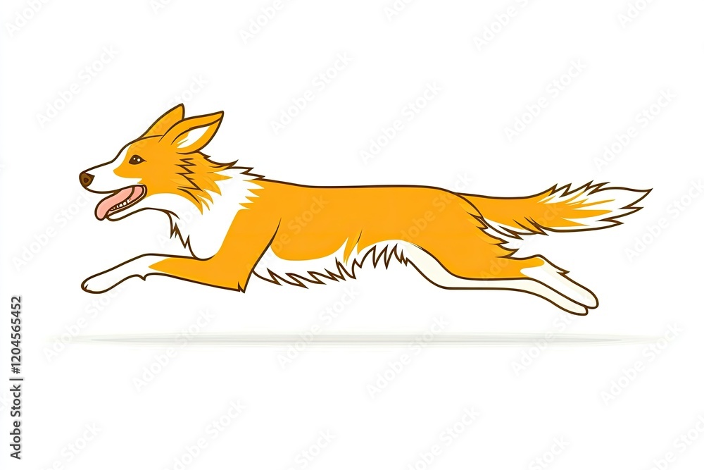A playful orange dog joyfully running across a white background, showcasing energy and motion