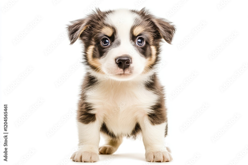 Adorable puppy standing against a white background, showcasing its playful expression and fluffy fur Adorable puppy standing against a white background, showcasing its playful expression and fluffy fur