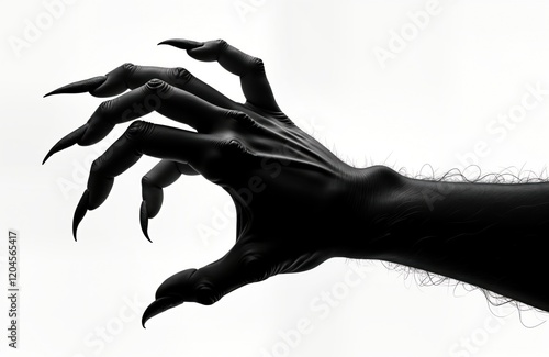 Clawed hand reaches out from dark. Spiky nails, gnarled fingers emerge from shadows. Hand reaching, grasping, seems menacing. Against plain white background. Contrast of dark hand, white backdrop photo