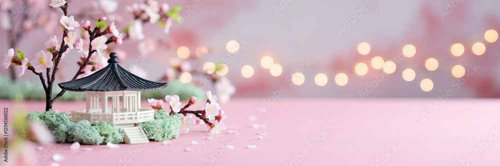 Miniature Pagoda Cherry Blossoms Spring Scene Pink Background Soft Lights