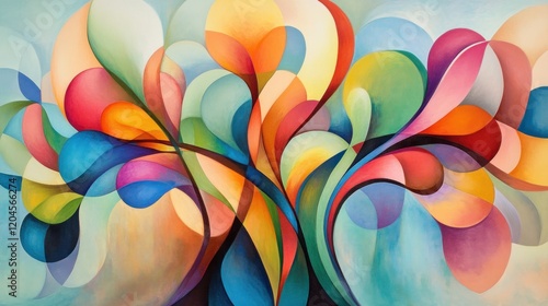 Abstract colorful painting of organic shapes and flowing lines, reminiscent of flowers or leaves.