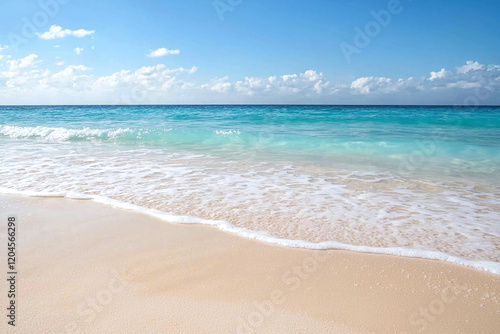misty morning seascape, gentle waves meeting sandy shore