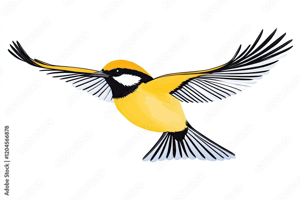 Naklejka premium A vibrant yellow bird in mid-flight, showcasing its wings against a clear background, symbolizing freedom