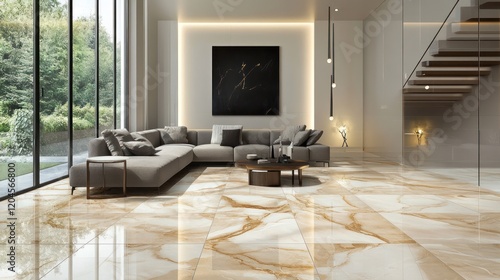 Modern living room, large format tile flooring, garden view, staircase
