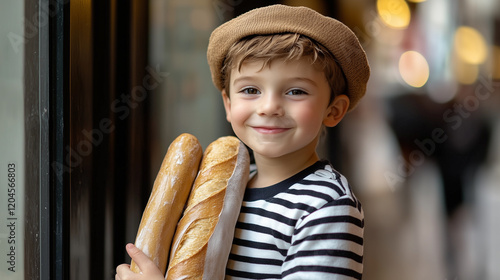Fototapeta Naklejka Na Ścianę i Meble -  Charming French boy in a beret and striped shirt holds fresh baguettes outside a bakery in a bustling urban setting