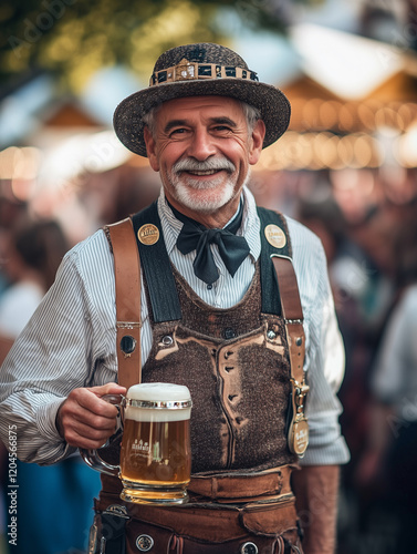 German man proudly displaying traditional lederhosen while holding a beer mug at a lively festival in the afternoon sun photo