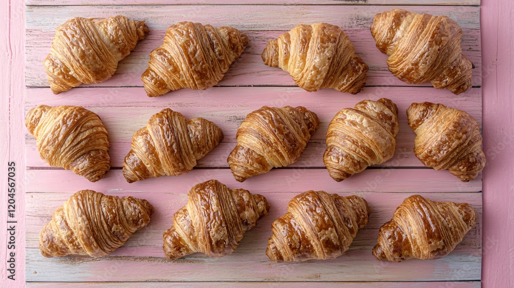 Delicious Golden Brown Croissants on Pink Wooden Background Delicious Golden Brown Croissants on Pink Wooden Background