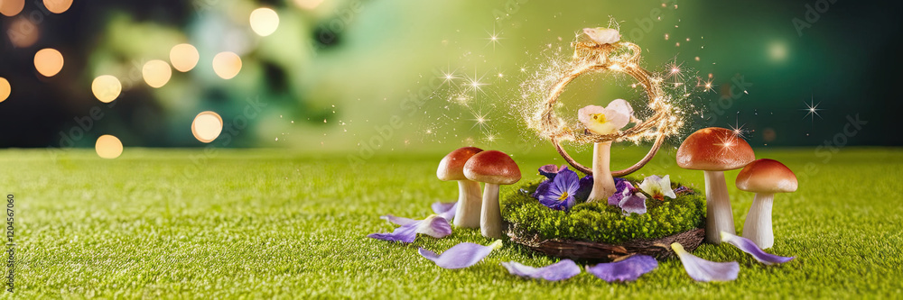 Magical Fairy Garden Mushrooms Flowers Sparkles Fantasy Scene